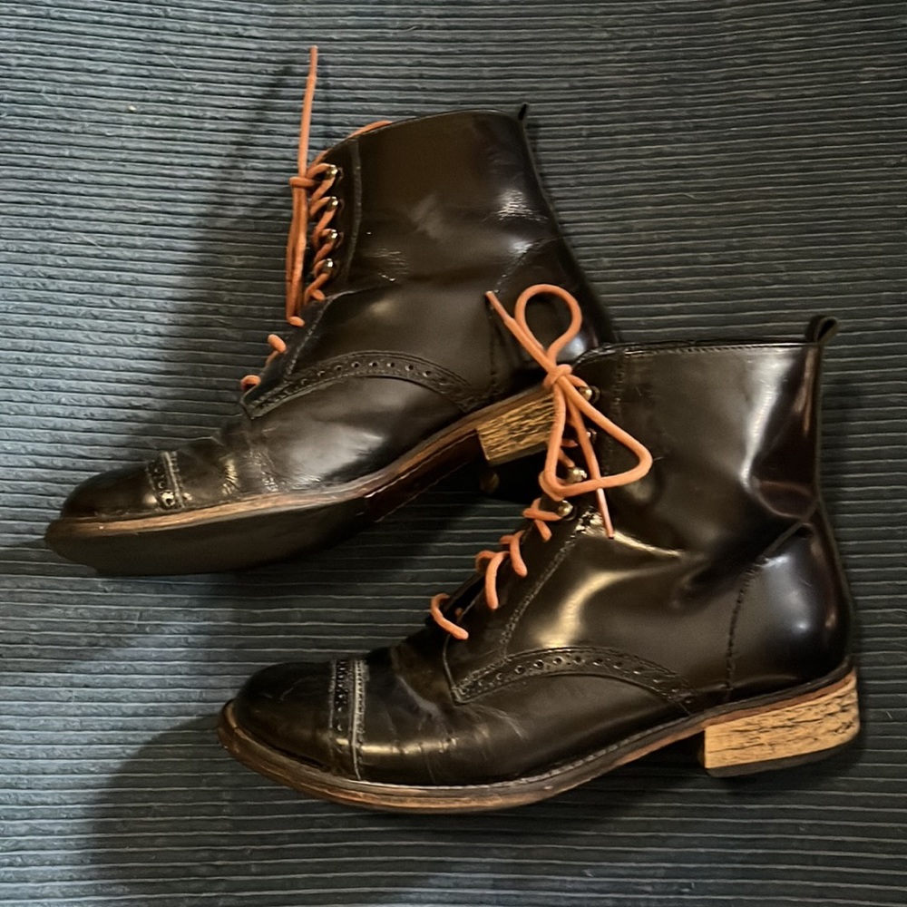 Maje black leather combat lace up ankle boots size 38
